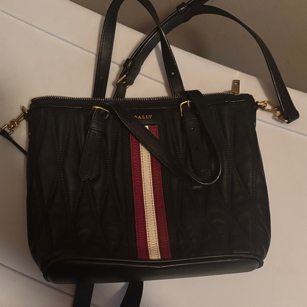 Bally Black Quilted Satchel with Red and White Stripe